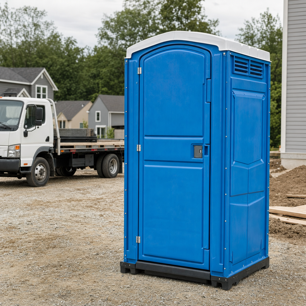 Delivery driver positioning a clean royal-blue portable toilet on level ground at a Indianapolis worksite