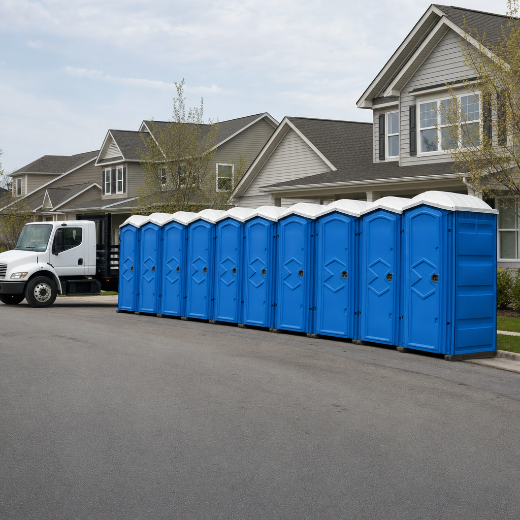 Royal blue portable toilets staged in a tidy row at a Indianapolis jobsite, ready for delivery
